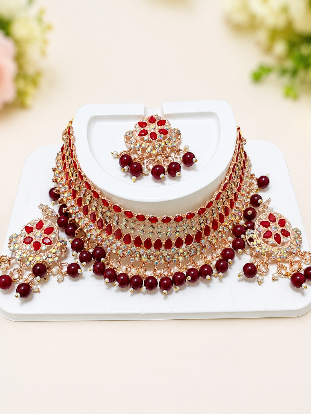 Garland mala juwelary set 1pc mala 1 pc teeka 1ser ear rings box