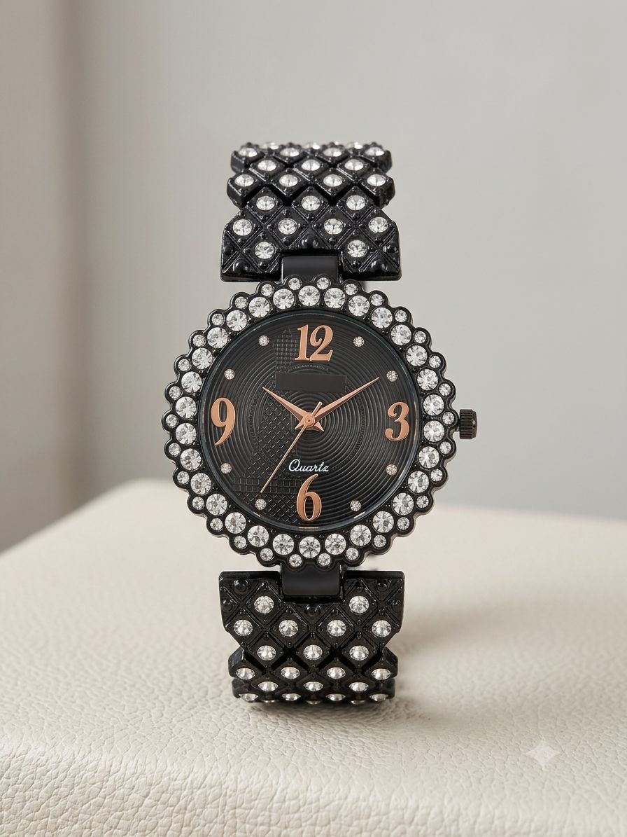 Watch for women with garland teeka ear ring set black colour chain