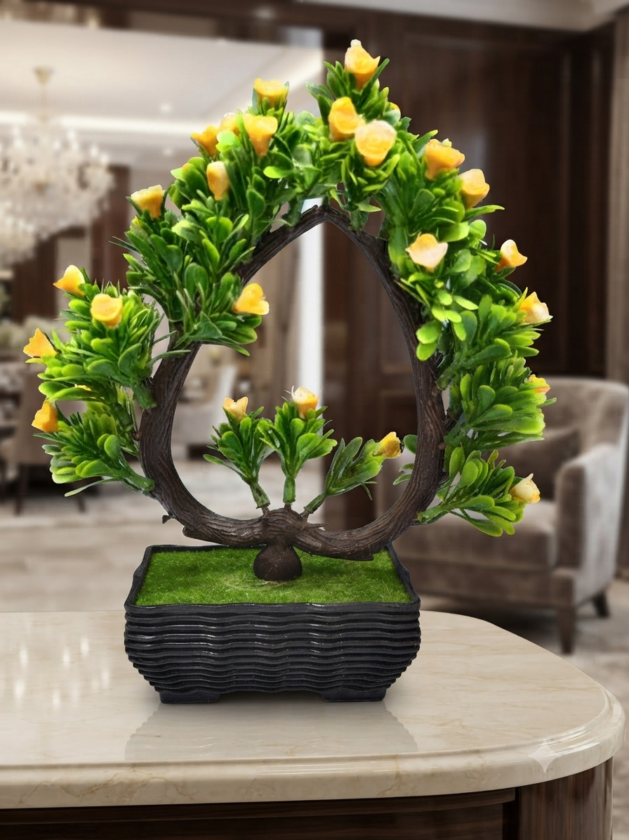 Flower black tob and green colour tree and yellow white flower for home decorated (pack of 1 )