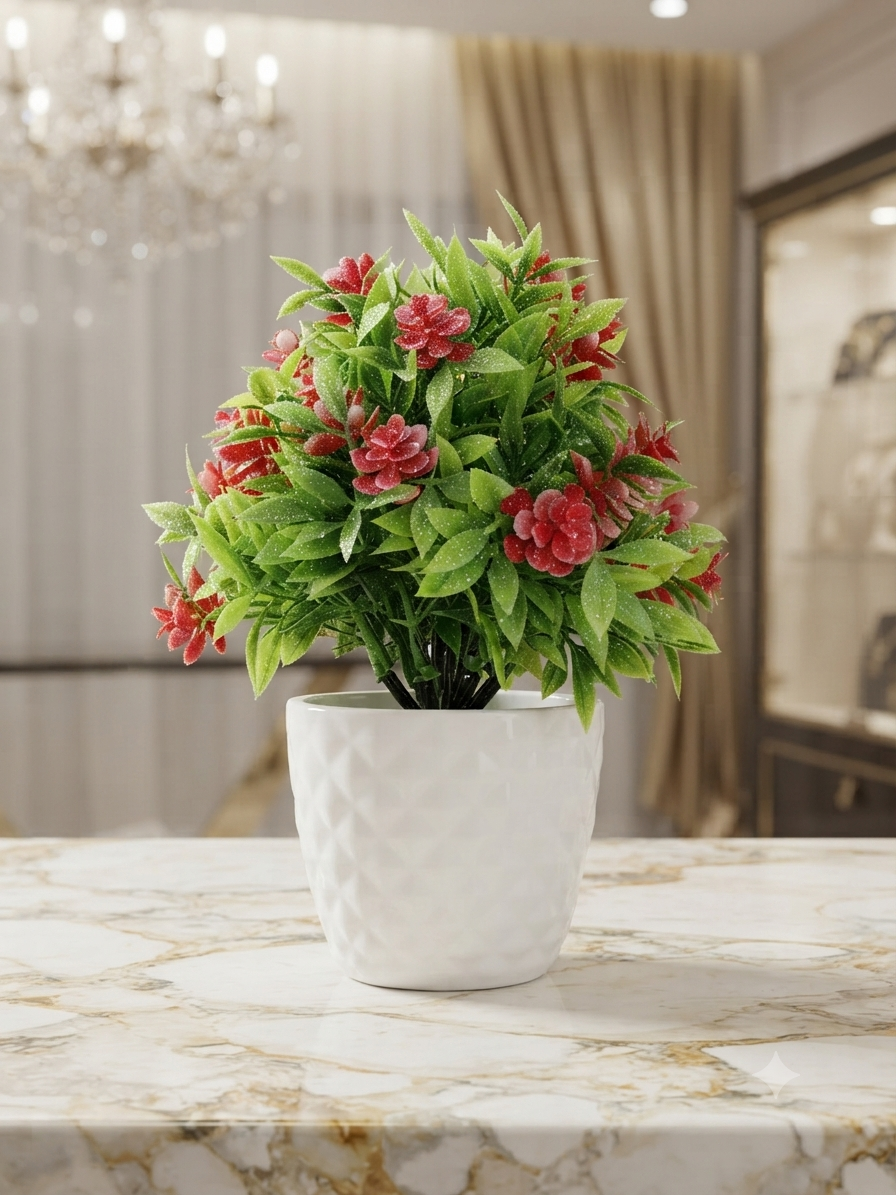 Flower White tob and green colour tree ,red colour flower  for home decorated (pack of 1 )